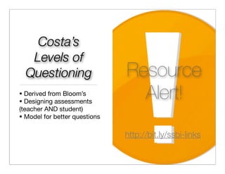 Costa’s
   Levels of
  Questioning                  Resource
• Derived from Bloom’s
• Designing assessments
                                 Alert!
(teacher AND student)
• Model for better questions


                               http://bit.ly/ssbi-links
 