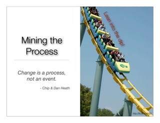 Le
                              an
                               into
                                   the
 Mining the




                                    dip
                                      !
  Process

Change is a process,
   not an event.
         - Chip & Dan Heath




                                          http://ﬂic.kr/p/pfz2N
 