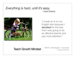 Everything is hard, until it’s easy.
                             - Carol Dweck



                             “I made an A on my
                             English test because I
                             decided for this test
                             that I was going to be
                             an effective learner and
                             pay more attention.”



                               Effort x Strategies = Success
      Teach Growth Mindset                   - Jessica Parsons
 