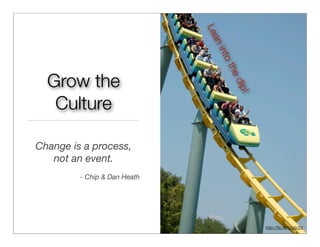 Le
                              an
                               into
                                   the
  Grow the




                                    dip
                                      !
   Culture

Change is a process,
   not an event.
         - Chip & Dan Heath




                                          http://ﬂic.kr/p/pfz2N
 