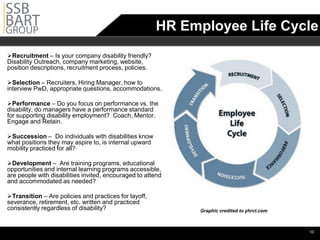 HR Employee Life Cycle
Recruitment – Is your company disability friendly?
Disability Outreach, company marketing, website,
position descriptions, recruitment process, policies.

Selection – Recruiters, Hiring Manager, how to
interview PwD, appropriate questions, accommodations.

Performance – Do you focus on performance vs. the
disability, do managers have a performance standard
for supporting disability employment? Coach, Mentor,
Engage and Retain.

Succession – Do individuals with disabilities know
what positions they may aspire to, is internal upward
mobility practiced for all?

Development – Are training programs, educational
opportunities and internal learning programs accessible,
are people with disabilities invited, encouraged to attend
and accommodated as needed?

Transition – Are policies and practices for layoff,
severance, retirement, etc. written and practiced
consistently regardless of disability?                        Graphic credited to yhrct.com



                                                                                              •10
 
