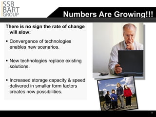 Numbers Are Growing!!!

There is no sign the rate of change
 will slow:
 Convergence of technologies
  enables new scenarios.

 New technologies replace existing
  solutions.

 Increased storage capacity & speed
  delivered in smaller form factors
  creates new possibilities.



                                               •17
 