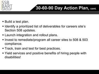 30-60-90 Day Action Plan, cont.


 Build a test plan.
 Identify a prioritized list of deliverables for careers site’s 

  Section 508 updates.
 Launch integration and rollout plans.
 Invest to remediate/program all career sites to 508 & 503
  compliance.
 Track, train and test for best practices.
 Yield services and positive benefits of hiring people with
  disabilities!
 