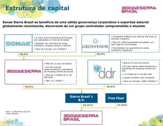 Estrutura de capital
Sonae Sierra Brasil se beneficia de uma sólida governança corporativa e expertise setorial
globalmente reconhecida, decorrente de um grupo controlador comprometido e atuante

• Companhia britânica com mais de 300 anos no
mercado imobiliário

• O maior grupo empresarial de Portugal,
com operações em mais de 40 países

• Mais de 1.000 propriedades sob gestão com
valor total de £10,9 bilhões

• Atuações nos mercados de varejo,
imobiliário, shopping centers e telecom

• Propriedades nos segmentos de varejo,
comercial e residencial

• Valor de mercado: €2,2 bilhões(1)

50,0%

50,0%

• Mais de 21 anos de história

• Mais de 45 anos de história

• Um dos maiores
desenvolvedores e operadores
de shopping centers da Europa

• Um dos maiores desenvolvedores e
operadores de shopping centers dos
EUA

• Mais de 2 milhões de m2 de
ABL total

• 12 milhões de m2 de ABL total

• NAV: €1,1 bilhão

• Valor de mercado: US$6,3 bilhões

• Listada na NYSE e Sox Compliant

(1)

50,0%

50,0%

Sierra Brazil 1
B.V.
66,65%
Nota: (1) Novembro de 2013
Fonte: Reuters

(1)

Sonae Sierra
Brasil S.A.

Free Float
33,35%

6

 
