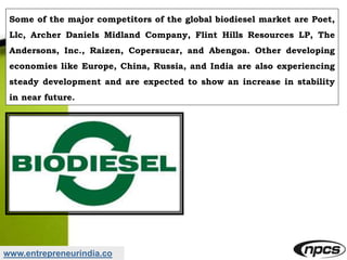 www.entrepreneurindia.co
Some of the major competitors of the global biodiesel market are Poet,
Llc, Archer Daniels Midland Company, Flint Hills Resources LP, The
Andersons, Inc., Raizen, Copersucar, and Abengoa. Other developing
economies like Europe, China, Russia, and India are also experiencing
steady development and are expected to show an increase in stability
in near future.
 