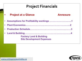 Project Financials
• Project at a Glance Annexure
• Assumptions for Profitability workings ………………………..1
• Plant Economics…………………………………………………..2
• Production Schedule………………………………………………3
• Land & Building……………………………………………….……4
Factory Land & Building
Site Development Expenses
www.entrepreneurindia.co
 