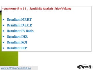 • Annexure 8 to 11 :: Sensitivity Analysis-Price/Volume
 Resultant N.P.B.T
 Resultant D.S.C.R
 Resultant PV Ratio
 Resultant DER
 Resultant ROI
 Resultant BEP
www.entrepreneurindia.co
 