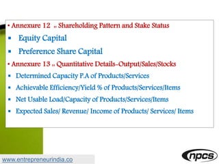 • Annexure 12 :: Shareholding Pattern and Stake Status
 Equity Capital
 Preference Share Capital
• Annexure 13 :: Quantitative Details-Output/Sales/Stocks
 Determined Capacity P.A of Products/Services
 Achievable Efficiency/Yield % of Products/Services/Items
 Net Usable Load/Capacity of Products/Services/Items
 Expected Sales/ Revenue/ Income of Products/ Services/ Items
www.entrepreneurindia.co
 