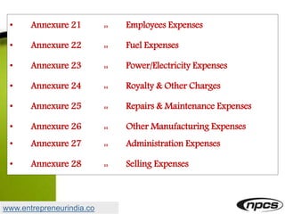 • Annexure 21 :: Employees Expenses
• Annexure 22 :: Fuel Expenses
• Annexure 23 :: Power/Electricity Expenses
• Annexure 24 :: Royalty & Other Charges
• Annexure 25 :: Repairs & Maintenance Expenses
• Annexure 26 :: Other Manufacturing Expenses
• Annexure 27 :: Administration Expenses
• Annexure 28 :: Selling Expenses
www.entrepreneurindia.co
 