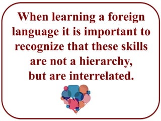 When learning a foreign
language it is important to
recognize that these skills
are not a hierarchy,
but are interrelated.
 