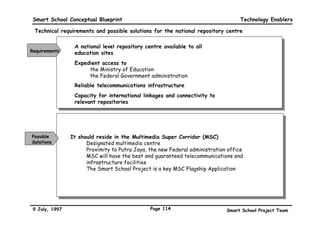 Smart School Conceptual Blueprint                                                                    Technology Enablers

 Possible scenario of an inter-school and district education network

  Option A                                                                                                    Option B

   Database                           Database Servers            Domain        Proxy Server            Database Servers
   Servers                                                        Name
                                                                  Server                           Router
                                                              F
                     FIREWALL                                 I
                                                              R   Router
                                                              E
    Hub                                Hub                    W
                                                                                          Hub                        Hub
                                                              A
                                                              L
                                                              L


    Administrative                                                         Network Management               Administrative
                                       Administrative Users
       Users           Router                                                    System                        Users

       MCU                                               MCU                                                          MCU

    District A         Remote Login                       State                                         District B


                     ISDN


                                                     OPEN NETWORK
Primary School                                                                                      Secondary School
                                                     (e.g. INTERNET)                                                         ISDN




 Secondary School                                                                                           Primary School
9 July, 1997                                                   Page 111                         Smart School Project Team
 