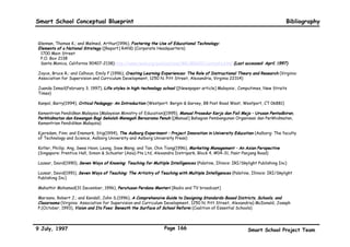 Smart School Conceptual Blueprint                                                                                             Bibliography


A Handbook for Creating Smart Schools Http://darkwing.uoregon.edu/~ncite/smart.htm

American Association for the Advancement of Science, Project 2061 (1989, 1990) (Science for All Americans, Oxford University Press)

American Benchmarks for Science Literacy (1993) (Science for All Americans, Oxford University Press)

An introduction to Burnaby South Secondary School (Vancouver: Burnaby School District)

Abdul Fatah Hasan(1994), Kecemerlangan Minda Dalam Pembelajaran Keseluruhan Otak dan Daya Berfikir (Kuala Lumpur: Utusan
Publications)

Agnew, Palmer, et al.(1996) Multimedia in the Classroom (Allyu and Bacon Needham Heights Massachusetts)

Armstrong, Thomas(1993), 7 Kinds Of Smarts: Identifying and Developing Your Many Intelligences (New York: Plume)

Armstrong, Thomas(1994), Multiple Intelligences In The Classroom (Alexandria, Vermont: Association for Supervision and Curriculum
Development)
Barell, John(1995), Teaching For Thoughtfulness (2nd. Ed.) (New York: Longman Publishers)

Baker, Eva (Director); Herman, Joan (Associate Director); and Bain, Josie (Senior Research Associate)(1997), What Makes a Good
School? ([Report] Los Angeles: The Centre for Research on Evaluation, Standards  Student Testing (CRESST), A Research Unit of the
UCLA Graduate School of Education and Information Studies, Los Angeles, CA 90095-1522)http://cresst96.cse.ucla.edu/GoodSchool.pdf
(Last accessed: May, 1997)

Black, Paul; and Atkin, J. Myron (editors)(1996), Changing the Subject : Innovations in Science, Mathematics and Technology Education
(London: Routledge, 11 New Fetter Lane, London EC4P 4EE)

Brooks, Jacqueline Grennon; and Brooks, Martin G.(1993), In Search of Understanding: The Case for Constructivist Classrooms (Virginia:
Association for Supervision and Curriculum Development, 1250 N. Pitt Street, Alexandria, Virginia 22314)

Buzan, Tony(1988), Make The Most Of Your Mind (London: Pan)

Buzan, Tony(1993), The Mind Map Book (London: BBC Books)

Buzan, Tony(1991), Use Both Sides Of Your Brain (New York: Plume)


9 July, 1997                                                    Page 163                                  Smart School Project Team
 