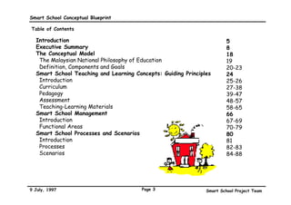 Smart School Conceptual Blueprint

Table of Contents

  Introduction                                                          5
  Executive Summary                                                     8
  The Conceptual Model                                                  18
   The Malaysian National Philosophy of Education                       19
   Definition, Components and Goals                                     20-23
  Smart School Teaching and Learning Concepts: Guiding Principles       24
   Introduction                                                         25-26
   Curriculum                                                           27-38
   Pedagogy                                                             39-47
   Assessment                                                           48-57
   Teaching-Learning Materials                                          58-65
  Smart School Management                                               66
   Introduction                                                         67-69
   Functional Areas                                                     70-79
  Smart School Processes and Scenarios                                  80
   Introduction                                                         81
   Processes                                                            82-83
   Scenarios                                                            84-88




9 July, 1997                            Page 3                 Smart School Project Team
 