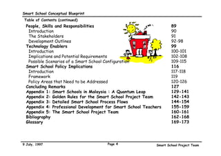 Smart School Conceptual Blueprint
 Table of Contents (continued)
  People, Skills and Responsibilities                                89
   Introduction                                                      90
   The Stakeholders                                                  91
   Development Outlines                                              92-98
  Technology Enablers                                                99
   Introduction                                                      100-101
   Implications and Potential Requirements                           102-108
   Possible Scenarios of a Smart School Configuration                109-115
  Smart School Policy Implications                                   116
   Introduction                                                      117-118
   Framework                                                         119
   Policy Areas that Need to be Addressed                            120-126
  Concluding Remarks                                                 127
  Appendix 1: Smart Schools in Malaysia : A Quantum Leap             129-141
  Appendix 2: Golden Rules for the Smart School Project Team         142-143
  Appendix 3: Detailed Smart School Process Flows                    144-154
  Appendix 4: Professional Development for Smart School Teachers     155-159
  Appendix 5: The Smart School Project Team                          160-161
  Bibliography                                                       162-168
  Glossary                                                           169-173




9 July, 1997                           Page 4                Smart School Project Team
 