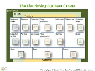 Environment
Society
Economy
Outcomes
The Flourishing Business Canvas
Biophysical
stocks
Resources Partnership Value
co-creation
Relationship Stakeholders Ecosystem
actors
Ecosystem
services
Activities Governance Value
co-destruction
Channels Needs
Costs Goals Benefits
© Antony Upward / Edward James Consulting Ltd., 2014 All rights reserved.
 