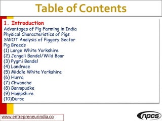 www.entrepreneurindia.co
1. Introduction
Advantages of Pig Farming in India
Physical Characteristics of Pigs
SWOT Analysis of Piggery Sector
Pig Breeds
(1) Large White Yorkshire
(2) Jangali Bandel/Wild Boar
(3) Pygmi Bandel
(4) Landrace
(5) Middle White Yorkshire
(6) Hurra
(7) Chwanche
(8) Banmpudke
(9) Hampshire
(10)Duroc
Table of Contents
 