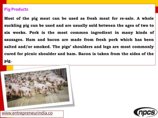 www.entrepreneurindia.co
Pig Products
Most of the pig meat can be used as fresh meat for re-sale. A whole
suckling pig can be used and are usually sold between the ages of two to
six weeks. Pork is the most common ingredient in many kinds of
sausages. Ham and bacon are made from fresh pork which has been
salted and/or smoked. The pigs’ shoulders and legs are most commonly
cured for picnic shoulder and ham. Bacon is taken from the sides of the
pig.
 