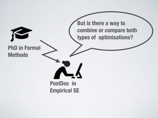 PhD in Formal
Methods
PostDoc in
Empirical SE
But is there a way to
combine or compare both
types of optimisations?
 