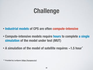 Challenge
• Industrial models of CPS are often compute-intensive
• Compute-intensive models require hours to complete a single
simulation of the model under test (MUT)
• A simulation of the model of satellite requires ~1.5 hour
34
Provided by LuxSpace (https://luxspace.lu/)
*
*
 
