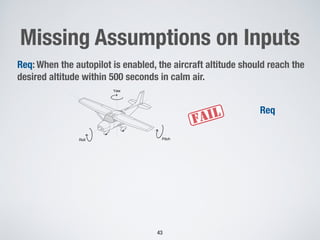 Missing Assumptions on Inputs
43
Yaw
Roll Pitch
Req: When the autopilot is enabled, the aircraft altitude should reach the
desired altitude within 500 seconds in calm air.
Req
 