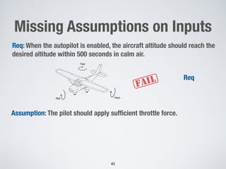Missing Assumptions on Inputs
43
Yaw
Roll Pitch
Req: When the autopilot is enabled, the aircraft altitude should reach the
desired altitude within 500 seconds in calm air.
Assumption: The pilot should apply sufﬁcient throttle force.
Req
 