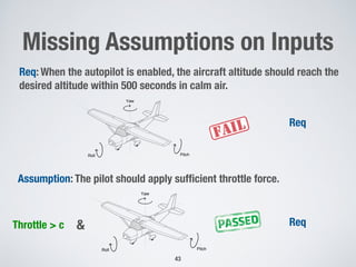 Missing Assumptions on Inputs
43
Yaw
Roll Pitch
Req: When the autopilot is enabled, the aircraft altitude should reach the
desired altitude within 500 seconds in calm air.
Assumption: The pilot should apply sufﬁcient throttle force.
Yaw
Roll Pitch
Throttle > c Req&
Req
 