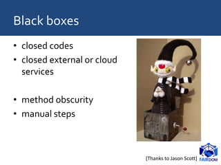Black boxes
• closed codes
• closed external or cloud
services
• method obscurity
• manual steps
[Thanks to Jason Scott]
 