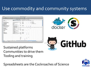 Use commodity and community systems
Sustained platforms
Communities to drive them
Tooling and training
Spreadsheets are the Cockroaches of Science
 