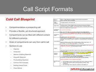 Call Script Formats
Cold Call Blueprint
• Compartmentalizes a prospecting call
• Provides a flexible, yet structured appro...