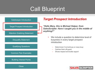 Call Blueprint
Target Prospect Introduction
“Hello Mary, this is Michael Halper, from
SalesScripter. Have I caught you in ...