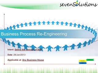 Business Process Re-Engineering


   Intent: Define the concept of BPR

   Date: 28/Jan/2013

   Applicable at: Any Business House
 