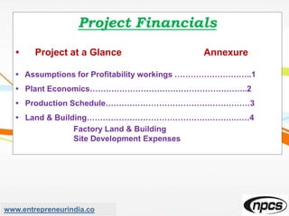 Project Financials
• Project at a Glance Annexure
• Assumptions for Profitability workings ………………………..1
• Plant Economics…………………………………………………..2
• Production Schedule………………………………………………3
• Land & Building……………………………………………….……4
Factory Land & Building
Site Development Expenses
www.entrepreneurindia.co
 