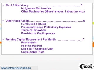 • Plant & Machinery……………………………………………..……..5
Indigenous Machineries
Other Machineries (Miscellaneous, Laboratory etc.)
• Other Fixed Assets………………………………………..........….......6
Furniture & Fixtures
Pre-operative and Preliminary Expenses
Technical Knowhow
Provision of Contingencies
• Working Capital Requirement Per Month……………………….…7
Raw Material
Packing Material
Lab & ETP Chemical Cost
Consumable Store
www.entrepreneurindia.co
 
