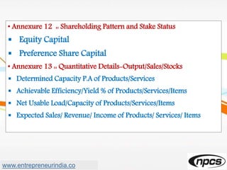 • Annexure 12 :: Shareholding Pattern and Stake Status
 Equity Capital
 Preference Share Capital
• Annexure 13 :: Quantitative Details-Output/Sales/Stocks
 Determined Capacity P.A of Products/Services
 Achievable Efficiency/Yield % of Products/Services/Items
 Net Usable Load/Capacity of Products/Services/Items
 Expected Sales/ Revenue/ Income of Products/ Services/ Items
www.entrepreneurindia.co
 