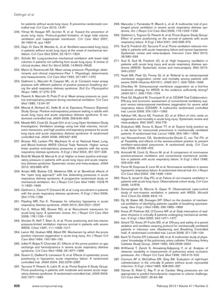 Dellinger et al

        for patients without acute lung injury: A preventive randomized con-     2
                                                                                 	 68.	 Mancebo J, Fernández R, Blanch L, et al: A multicenter trial of pro-
        trolled trial. Crit Care 2010; 14:R1                                             longed prone ventilation in severe acute respiratory distress syn-
2
	 49.	 Yilmaz M, Keegan MT, Iscimen R, et al: Toward the prevention of                   drome. Am J Respir Crit Care Med 2006; 173:1233–1239
        acute lung injury: Protocol-guided limitation of large tidal volume      2
                                                                                 	 69.	 Gattinoni L, Tognoni G, Pesenti A, et al; Prone-Supine Study Group:
        ventilation and inappropriate transfusion. Crit Care Med 2007;                   Effect of prone positioning on the survival of patients with acute
        35:1660–6; quiz 1667                                                             respiratory failure. N Engl J Med 2001; 345:568–573
2
	 50.	 Gajic O, Dara SI, Mendez JL, et al: Ventilator-associated lung injury     2
                                                                                 	 70.	 Sud S, Friedrich JO, Taccone P, et al: Prone ventilation reduces mor-
        in patients without acute lung injury at the onset of mechanical ven-            tality in patients with acute respiratory failure and severe hypoxemia:
        tilation. Crit Care Med 2004; 32:1817–1824                                       Systematic review and meta-analysis. Intensive Care Med 2010;
                                                                                         36:585–599
2
	 51.	 Schultz MJ: Lung-protective mechanical ventilation with lower tidal
        volumes in patients not suffering from acute lung injury: A review of    2
                                                                                 	 71.	 Sud S, Sud M, Friedrich JO, et al: High frequency oscillation in
        clinical studies. Med Sci Monit 2008; 14:RA22–RA26                               patients with acute lung injury and acute respiratory distress syn-
                                                                                         drome (ARDS): Systematic review and meta-analysis. BMJ 2010;
2
	 52.	 Marini JJ, Ravenscraft SA: Mean airway pressure: Physiologic deter-               340:c2327
        minants and clinical importance–Part 1: Physiologic determinants
                                                                                 2
                                                                                 	 72.	 Noah MA, Peek GJ, Finney SJ, et al: Referral to an extracorporeal
        and measurements. Crit Care Med 1992; 20:1461–1472
                                                                                         membrane oxygenation center and mortality among patients with
2
	 53.	 Gattinoni L, Marcolin R, Caspani ML, et al: Constant mean airway                  severe 2009 influenza A(H1N1). JAMA 2011; 306:1659–1668
        pressure with different patterns of positive pressure breathing dur-
                                                                                 2
                                                                                 	 73.	 Checkley W: Extracorporeal membrane oxygenation as a first-line
        ing the adult respiratory distress syndrome. Bull Eur Physiopathol
                                                                                         treatment strategy for ARDS: Is the evidence sufficiently strong?
        Respir 1985; 21:275–279                                                          JAMA 2011; 306:1703–1704
2
	 54.	 Pesenti A, Marcolin R, Prato P, et al: Mean airway pressure vs. posi-     2
                                                                                 	 74.	 Peek GJ, Mugford M, Tiruvoipati R, et al; CESAR Trial Collaboration:
        tive end-expiratory pressure during mechanical ventilation. Crit Care            Efficacy and economic assessment of conventional ventilatory sup-
        Med 1985; 13:34–37                                                               port versus extracorporeal membrane oxygenation for severe adult
2
	 55.	 Mercat A, Richard JC, Vielle B, et al; Expiratory Pressure (Express)              respiratory failure (CESAR): A multicentre randomised controlled
        Study Group: Positive end-expiratory pressure setting in adults with             trial. Lancet 2009; 374:1351–1363
        acute lung injury and acute respiratory distress syndrome: A ran-        2
                                                                                 	 75.	 Adhikari NK, Burns KE, Friedrich JO, et al: Effect of nitric oxide on
        domized controlled trial. JAMA 2008; 299:646–655                                 oxygenation and mortality in acute lung injury: Systematic review and
2
	 56.	 Meade MO, Cook DJ, Guyatt GH, et al; Lung Open Ventilation Study                  meta-analysis. BMJ 2007; 334:779
        Investigators: Ventilation strategy using low tidal volumes, recruit-    2
                                                                                 	 76.	 Drakulovic MB, Torres A, Bauer TT, et al: Supine body position as
        ment maneuvers, and high positive end-expiratory pressure for acute              a risk factor for nosocomial pneumonia in mechanically ventilated
        lung injury and acute respiratory distress syndrome: A randomized                patients: A randomised trial. Lancet 1999; 354:1851–1858
        controlled trial. JAMA 2008; 299:637–645                                 2
                                                                                 	 77.		 van Nieuwenhoven CA, Vandenbroucke-Grauls C, van Tiel FH, et
2
	 57.		 Brower RG, Lanken PN, MacIntyre N, et al; National Heart, Lung,                  al: Feasibility and effects of the semirecumbent position to prevent
        and Blood Institute ARDS Clinical Trials Network: Higher versus                  ventilator-associated pneumonia: A randomized study. Crit Care
        lower positive end-expiratory pressures in patients with the acute               Med 2006; 34:396–402
        respiratory distress syndrome. N Engl J Med 2004; 351:327–336            2
                                                                                 	 78.	 Antonelli M, Conti G, Rocco M, et al: A comparison of noninvasive
2
	 58.	 Briel M, Meade M, Mercat A, et al: Higher vs lower positive end-expi-             positive-pressure ventilation and conventional mechanical ventila-
        ratory pressure in patients with acute lung injury and acute respira-            tion in patients with acute respiratory failure. N Engl J Med 1998;
        tory distress syndrome: Systematic review and meta-analysis. JAMA                339:429–435
        2010; 303:865–873                                                        2
                                                                                 	 79.	 Ferrer M, Esquinas A, Leon M, et al: Noninvasive ventilation in severe
2
	 59.	 Amato MB, Barbas CS, Medeiros DM, et al: Beneficial effects of                    hypoxemic respiratory failure: A randomized clinical trial. Am J Respir
        the “open lung approach” with low distending pressures in acute                  Crit Care Med 2003; 168:1438–1444
        respiratory distress syndrome. A prospective randomized study on         2
                                                                                 	 80.	 Rana S, Jenad H, Gay PC, et al: Failure of non-invasive ventilation in
        mechanical ventilation. Am J Respir Crit Care Med 1995; 152(6 Pt                 patients with acute lung injury: Observational cohort study. Crit Care
        1):1835–1846                                                                     2006; 10:R79
2
	 60.	 Gattinoni L, Caironi P, Cressoni M, et al: Lung recruitment in patients   2
                                                                                 	 81.	 Domenighetti G, Moccia A, Gayer R: Observational case-control
        with the acute respiratory distress syndrome. N Engl J Med 2006;                 study of non-invasive ventilation in patients with ARDS. Monaldi
        354:1775–1786                                                                    Arch Chest Dis 2008; 69:5–10
2
	 61.	 Pipeling MR, Fan E: Therapies for refractory hypoxemia in acute           2
                                                                                 	 82.	 Ely W, Baker AB, Dunagen DP: Effect on the duration of mechani-
        respiratory distress syndrome. JAMA 2010; 304:2521–2527                          cal ventilation of identifying patients capable of breathing spontane-
                                                                                         ously. New Engl J Med 1996; 335:1865–1869
2
	 62.	 Fan E, Wilcox ME, Brower RG, et al: Recruitment maneuvers for
        acute lung injury: A systematic review. Am J Respir Crit Care Med        2
                                                                                 	 83.	 Kress JP, Pohlman AS, O’Connor MF, et al: Daily interruption of sed-
                                                                                         ative infusions in critically ill patients undergoing mechanical ventila-
        2008; 178:1156–1163
                                                                                         tion. N Engl J Med 2000; 342:1471–1477
2
	 63.	 Stocker R, Neff T, Stein S, et al: Prone postioning and low-volume
                                                                                 2
                                                                                 	 84.	 Girard TD, Kress JP, Fuchs BD, et al: Efficacy and safety of a paired
        pressure-limited ventilation improve survival in patients with severe
                                                                                         sedation and ventilator weaning protocol for mechanically ventilated
        ARDS. Chest 1997; 111:1008–1017                                                  patients in intensive care (Awakening and Breathing Controlled
2
	 64.	 Lamm WJ, Graham MM, Albert RK: Mechanism by which the prone                       trial): A randomised controlled trial. Lancet 2008; 371:126–134
        position improves oxygenation in acute lung injury. Am J Respir Crit     2
                                                                                 	 85.	 Iberti TJ, Fischer EP, Leibowitz AB, et al: A multicenter study of physi-
        Care Med 1994; 150:184–193                                                       cians’ knowledge of the pulmonary artery catheter. Pulmonary Artery
2
	 65.	 Jolliet P, Bulpa P, Chevrolet JC: Effects of the prone position on gas            Catheter Study Group. JAMA 1990; 264:2928–2932
        exchange and hemodynamics in severe acute respiratory distress           2
                                                                                 	 86.	 Al-Kharrat T, Zarich S, Amoateng-Adjepong Y, et al: Analysis of
        syndrome. Crit Care Med 1998; 26:1977–1985                                       observer variability in measurement of pulmonary artery occlusion
2
	 66.	 Guerin C, Gaillard S, Lemasson S, et al: Effects of systematic prone              pressures. Am J Respir Crit Care Med 1999; 160:415–420
        positioning in hypoxemic acute respiratory failure: A randomized         2
                                                                                 	 87.		 Connors AF Jr, McCaffree DR, Gray BA: Evaluation of right-heart
        controlled trial. JAMA 2004; 292:2379–2387                                       catheterization in the critically ill patient without acute myocardial
2
	 67.		 Taccone P, Pesenti A, Latini R, et al; Prone-Supine II Study Group:              infarction. N Engl J Med 1983; 308:263–267
        Prone positioning in patients with moderate and severe acute respi-      2
                                                                                 	 88.	 Osman D, Ridel C, Ray P, et al: Cardiac filling pressures are not
        ratory distress syndrome: A randomized controlled trial. JAMA 2009;              appropriate to predict hemodynamic response to volume challenge.
        302:1977–1984                                                                    Crit Care Med 2007; 35:64–68

626	           www.ccmjournal.org	                                                                                    February 2013 • Volume 41 • Number 2
 