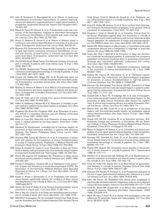 Special Article

3
	 72.	 John S, Griesbach D, Baumgärtel M, et al: Effects of continuous                    Trials Group, Cook D, Meade M, Guyatt G, et al: Dalteparin ver-
        haemofiltration vs intermittent haemodialysis on systemic haemody-                sus unfractionated heparin in critically ill patients. New Engl J Med
        namics and splanchnic regional perfusion in septic shock patients: A              2011; 364:1305–1314
        prospective, randomized clinical trial. Nephrol Dial Transplant 2001;     3
                                                                                  	 93.	 King CS, Holley AB, Jackson JL, et al: Twice vs three times daily hep-
        16:320–327                                                                        arin dosing for thromboembolism prophylaxis in the general medical
3
	 73.	 Misset B, Timsit JF, Chevret S, et al: A randomized cross-over com-                population: A metaanalysis. Chest 2007; 131:507–516
        parison of the hemodynamic response to intermittent hemodialysis          3
                                                                                  	 94.	Douketis J, Cook D, Meade M, et al; Canadian Critical Care Tri-
        and continuous hemofiltration in ICU patients with acute renal fail-              als Group: Prophylaxis against deep vein thrombosis in critically ill
        ure. Intensive Care Med 1996; 22:742–746                                          patients with severe renal insufficiency with the low-molecular-weight
3
	 74.		 Ronco C, Bellomo R, Homel P, et al: Effects of different doses in                 heparin dalteparin: An assessment of safety and pharmacodynam-
        continuous veno-venous haemofiltration on outcomes of acute renal                 ics: The DIRECT study. Arch Intern Med 2008; 168:1805–1812
        failure: A prospective randomised trial. Lancet 2000; 356:26–30           3
                                                                                  	 95.	 Vanek VW: Meta-analysis of effectiveness of intermittent pneumatic
3
	 75.	 Bouman CS, Oudemans-Van Straaten HM, Tijssen JG, et al: Effects                    compression devices with a comparison of thigh-high to knee-high
        of early high-volume continuous venovenous hemofiltration on sur-                 sleeves. Am Surg 1998; 64:1050–1058
        vival and recovery of renal function in intensive care patients with      3
                                                                                  	 96.	Turpie AG, Hirsh J, Gent M, et al: Prevention of deep vein thrombo-
        acute renal failure: A prospective, randomized trial. Crit Care Med               sis in potential neurosurgical patients. A randomized trial comparing
        2002; 30:2205–2211                                                                graduated compression stockings alone or graduated compression
3
	 76.	 The VA/NIH Acute Renal Failure Trial Network: Intensity of renal sup-              stockings plus intermittent pneumatic compression with control.
        port in critically ill patients with acute kidney injury. N Engl J Med            Arch Intern Med 1989; 149:679–681
        2008; 359:7–20                                                            3
                                                                                  	 97.		 Agu O, Hamilton G, Baker D: Graduated compression stockings
3
	 77.		 The RENAL Replacement Therapy Study Investigators: Intensity of                   in the prevention of venous thromboembolism. Br J Surg 1999;
        continuous renal-replacement therapy in critically ill patients. N Engl           86:992–1004
        J Med 2009; 361:1627–1638                                                 3
                                                                                  	 98.	Kakkos SK, Caprini JA, Geroulakos G, et al: Combined intermit-
3
	 78.	 Cooper DJ, Walley KR, Wiggs BR, et al: Bicarbonate does not                        tent pneumatic leg compression and pharmacological prophylaxis
        improve hemodynamics in critically ill patients who have lactic acido-            for prevention of venous thromboembolism in high-risk patients.
        sis. A prospective, controlled clinical study. Ann Intern Med 1990;               Cochrane Database Syst Rev 2008; 4: CD005258
        112:492–498                                                               3
                                                                                  	 99.	German Hip Arthroplasty Trial Group (GHAT): Prevention of deep
3
	 79.	 Mathieu D, Neviere R, Billard V, et al: Effects of bicarbonate therapy             vein thrombosis with low molecular-weight heparin in patients under-
        on hemodynamics and tissue oxygenation in patients with lactic aci-               going total hip replacement: A randomized trial. Arch Orthop Trauma
        dosis: A prospective, controlled clinical study. Crit Care Med 1991;              Surg 1992; 111:110–120
        19:1352–1356                                                              4
                                                                                  	 00.	 Colwell CW Jr, Spiro TE, Trowbridge AA, et al: Use of enoxaparin,
3
	 80.	Cade JF: High risk of the critically ill for venous thromboembolism.                a low-molecular-weight heparin, and unfractionated heparin for the
        Crit Care Med 1982; 10:448–450                                                    prevention of deep venous thrombosis after elective hip replace-
3
	 81.	 Halkin H, Goldberg J, Modan M, et al: Reduction of mortality in gen-               ment. A clinical trial comparing efficacy and safety. Enoxaparin Clini-
        eral medical in-patients by low-dose heparin prophylaxis. Ann Intern              cal Trial Group. J Bone Joint Surg Am 1994; 76:3–14
        Med 1982; 96:561–565                                                      4
                                                                                  	 01.	 Geerts WH, Jay RM, Code KI, et al: A comparison of low-dose
3
	 82.	 Pingleton SK, Bone RC, Pingleton WW, et al: Prevention of pulmo-                   heparin with low-molecular-weight heparin as prophylaxis against
        nary emboli in a respiratory intensive care unit: Efficacy of low-dose            venous thromboembolism after major trauma. N Engl J Med 1996;
        heparin. Chest 1981; 79:647–650                                                   335:701–707
3
	 83.	 Belch JJ, Lowe GD, Ward AG, et al: Prevention of deep vein throm-          4
                                                                                  	 02.	 Guyatt GH, Akl EA, Crowther M, et al: Executive summary: Anti-
        bosis in medical patients by low-dose heparin. Scott Med J 1981;                  thrombotic therapy and prevention of thrombosis, 9th ed: Ameri-
        26:115–117                                                                        can College of Chest Physicians Evidence-Based Clinical Practice
3
	 84.	Gärdlund B: Randomised, controlled trial of low-dose heparin for                    Guidelines. Chest 2012; 141(Suppl 2):7S–47S
        prevention of fatal pulmonary embolism in patients with infectious        4
                                                                                  	 03.	 Basso N, Bagarani M, Materia A, et al: Cimetidine and antacid pro-
        diseases. The Heparin Prophylaxis Study Group. Lancet 1996;                       phylaxis of acute upper gastrointestinal bleeding in high risk patients.
        347:1357–1361                                                                     Controlled, randomized trial. Am J Surg 1981; 141:339–341
3
	 85.	 Samama MM, Cohen AT, Darmon JY, et al: A comparison of enoxa-              4
                                                                                  	 04.	Bresalier RS, Grendell JH, Cello JP, et al: Sucralfate suspension
        parin with placebo for the prevention of venous thromboembolism                   versus titrated antacid for the prevention of acute stress-related gas-
        in acutely ill medical patients. Prophylaxis in Medical Patients with             trointestinal hemorrhage in critically ill patients. Am J Med 1987;
        Enoxaparin Study Group. N Engl J Med 1999; 341:793–800                            83(3B):110–116
3
	 86.	Dahan R, Houlbert D, Caulin C, et al: Prevention of deep vein throm-        4
                                                                                  	 05.	 Poleski MH, Spanier AH: Cimetidine versus antacids in the preven-
        bosis in elderly medical in-patients by a low molecular weight heparin:           tion of stress erosions in critically ill patients. Am J Gastroenterol
        A randomized double-blind trial. Haemostasis 1986; 16:159–164                     1986; 81:107–111
3
	 87.		 Hirsch DR, Ingenito EP, Goldhaber SZ: Prevalence of deep venous           4
                                                                                  	 06.	Stothert JC Jr, Simonowitz DA, Dellinger EP, et al: Randomized pro-
        thrombosis among patients in medical intensive care. JAMA 1995;                   spective evaluation of cimetidine and antacid control of gastric pH in
        274:335–337                                                                       the critically ill. Ann Surg 1980; 192:169–174
3
	 88.	Fraisse F, Holzapfel L, Couland JM, et al: Nadroparin in the preven-        4
                                                                                  	 07.		 Cook DJ, Fuller HD, Guyatt GH, et al: Risk factors for gastrointes-
        tion of deep vein thrombosis in acute decompensated COPD. The                     tinal bleeding in critically ill patients. Canadian Critical Care Trials
        Association of Non-University Affiliated Intensive Care Specialist                Group. N Engl J Med 1994; 330:377–381
        Physicians of France. Am J Respir Crit Care Med 2000; 161(4 Pt            4
                                                                                  	 08.	Schuster DP, Rowley H, Feinstein S, et al: Prospective evaluation of
        1):1109–1114                                                                      the risk of upper gastrointestinal bleeding after admission to a medi-
3
	 89.	Kupfer Y, Anwar J, Seneviratne C, et al: Prophylaxis with subcuta-                  cal intensive care unit. Am J Med 1984; 76:623–630
        neous heparin significantly reduces the incidence of deep venous          4
                                                                                  	 09.	Kahn JM, Doctor JN, Rubenfeld GD: Stress ulcer prophylaxis in
        thrombophlebitis in the critically ill. Abstr. Am J Crit Care Med 1999;           mechanically ventilated patients: Integrating evidence and judgment
        159(Suppl):A519                                                                   using a decision analysis. Intensive Care Med 2006; 32:1151–1158
3
	 90.	Geerts W, Cook D, Selby R, et al: Venous thromboembolism and its            4
                                                                                  	 10.	 Cook DJ, Reeve BK, Guyatt GH, et al: Stress ulcer prophylaxis in
        prevention in critical care. J Crit Care 2002; 17:95–104                          critically ill patients. Resolving discordant meta-analyses. JAMA
3
	 91.	 Attia J, Ray JG, Cook DJ, et al: Deep vein thrombosis and its preven-              1996; 275:308–314
        tion in critically ill adults. Arch Intern Med 2001; 161:1268–1279        4
                                                                                  	 11.	 Marik PE, Vasu T, Hirani A, et al: Stress ulcer prophylaxis in the new
3
	 92.	 PROTECT Investigators for the Canadian Critical Care Trials Group                  millennium: A systematic review and meta-analysis. Crit Care Med
        and the Australian and New Zealand Intensive Care Society Clinical                2010; 38:2222–2228

Critical Care Medicine	                                                                                                  www.ccmjournal.org	                 629
 