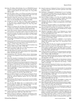 Special Article
Critical Care Medicine	 www.ccmjournal.org	 633
	528.	Barie PS, Williams MD, McCollam JS, et al; PROWESS Surgical
Evaluation Committee: Benefit/risk profile of drotrecogin alfa (acti-
vated) in surgical patients with severe sepsis. Am J Surg 2004;
188:212–220
	529.	Barie PS, Hydo LJ, Shou J, et al: Efficacy and safety of drotrecogin
alfa (activated) for the therapy of surgical patients with severe sep-
sis. Surg Infect (Larchmt) 2006; 7 Suppl 2:S77–S80
	530.	Marshall JC, Maier RV, Jimenez M, et al: Source control in the man-
agement of severe sepsis and septic shock: An evidence-based
review. Crit Care Med 2004; 32(11 Suppl):S513–S526
	531.	Penington AJ, Craft RO, Tilkorn DJ: Plastic surgery management
of soft tissue loss in meningococcal septicemia: Experience of
the Melbourne Royal Children’s Hospital. Ann Plast Surg 2007;
58:308–314
	532.	Wheeler JS, Anderson BJ, De Chalain TM: Surgical interventions
in children with meningococcal purpura fulminans–A review of 117
procedures in 21 children. J Pediatr Surg 2003; 38:597–603
	533.	Jackson MA, Colombo J, Boldrey A: Streptococcal fasciitis with toxic
shock syndrome in the pediatric patient. Orthop Nurs 2003; 22:4–8
	534.	Xiao-Wu W, Herndon DN, Spies M, et al: Effects of delayed wound
excision and grafting in severely burned children. Arch Surg 2002;
137:1049–1054
	535.	Haecker FM, Berger D, Schumacher U, et al: Peritonitis in child-
hood: Aspects of pathogenesis and therapy. Pediatr Surg Int 2000;
16:182–188
	536.	Gwynne-Jones DP, Stott NS: Community-acquired methicillin-resis-
tant Staphylococcus aureus: A cause of musculoskeletal sepsis in
children. J Pediatr Orthop 1999; 19:413–416
	537. 	Wu MH, Tseng YL, Lin MY, et al: Surgical treatment of pediatric lung
abscess. Pediatr Surg Int 1997; 12:293–295
	538.	Murphy JJ, Granger R, Blair GK, et al: Necrotizing fasciitis in child-
hood. J Pediatr Surg 1995; 30:1131–1134
	539. Jaber MR, Olafsson S, Fung WL, et al: Clinical review of the manage-
ment of fulminant Clostridium difficile infection. Am J Gastroenterol
2008; 103:3195–203; quiz 3204
	540.	Ananthakrishnan AN: Clostridium difficile infection: Epidemiology,
risk factors and management. Nat Rev Gastroenterol Hepatol 2011;
8:17–26
	541.	Olivas AD, Umanskiy K, Zuckerbraun B, et al: Avoiding colectomy
during surgical management of fulminant Clostridium difficile colitis.
Surg Infect (Larchmt) 2010; 11:299–305
	542.	Ngo NT, Cao XT, Kneen R, et al: Acute management of dengue shock
syndrome: A randomized double-blind comparison of 4 intravenous
fluid regimens in the first hour. Clin Infect Dis 2001; 32:204–213
	543.	Willis BA, Dung NM, Loan HT, et al: Comparison of three fluid solu-
tions for resuscitation in dengue shock syndrome. N Engl J Med
2005; 353:877–889
	544.	Dung NM, Day NP, Tam DT, et al: Fluid replacement in dengue shock
syndrome: A randomized, double-blind comparison of four intrave-
nous-fluid regimens. Clin Infect Dis 1999; 29:787–794
	545.	Booy R, Habibi P, Nadel S, et al; Meningococcal Research Group:
Reduction in case fatality rate from meningococcal disease asso-
ciated with improved healthcare delivery. Arch Dis Child 2001;
85:386–390
	546.	Maat M, Buysse CM, Emonts M, et al: Improved survival of children
with sepsis and purpura: Effects of age, gender, and era. Crit Care
2007; 11:R112
	547.		 Cruz AT, Perry AM, Williams EA, et al: Implementation of goal-
directed therapy for children with suspected sepsis in the emer-
gency department. Pediatrics 2011; 127:e758–e766
	548.	Kanter RK, Zimmerman JJ, Strauss RH, et al: Pediatric emergency
intravenous access. Evaluation of a protocol. Am J Dis Child 1986;
140:132–134
	549.	Carcillo JA, Davis AL, Zaritsky A: Role of early fluid resuscitation in
pediatric septic shock. JAMA 1991; 266:1242–1245
	550.	Ranjit S, Kissoon N, Jayakumar I: Aggressive management of den-
gue shock syndrome may decrease mortality rate: a suggested pro-
tocol. Pediatr Crit Care Med 2005; 6:412–419
	551.	Akech S, Ledermann H, Maitland K: Choice of fluids for resuscitation
in children with severe infection and shock: systematic review. BMJ
2010; 341:c4416
	552.	Santhanam I, Sangareddi S, Venkataraman S, et al: A prospec-
tive randomized controlled study of two fluid regimens in the initial
management of septic shock in the emergency department. Pediatr
Emerg Care 2008; 24:647–655
	553.	Ninis N, Phillips C, Bailey L, et al: The role of healthcare delivery
in the outcome of meningococcal disease in children: case-control
study of fatal and non-fatal cases. BMJ 2005; 330:1475
	554.	Thompson MJ, Ninis N, Perera R, et al: Clinical recognition of
meningococcal disease in children and adolescents. Lancet 2006;
367:397–403
	555.	Ceneviva G, Paschall JA, Maffei F, et al: Hemodynamic support in
fluid-refractory pediatric septic shock. Pediatrics 1998; 102:e19
	556.	Choong K, Bohn D, Fraser DD, et al: Vasopressin in pediatric vaso-
dilatory shock: a multicenter randomized controlled trial. Am J Respir
Crit Care Med 2009; 180:632–639
	557.		 Yildizdas D, Yapicioglu H, Celik U, et al: Terlipressin as a rescue
therapy for catecholamine-resistant septic shock in children. Inten-
sive Care Med 2008; 34:511–517
	558.	Rodríguez-Núñez A, López-Herce J, Gil-Antón J, et al: Rescue treat-
ment with terlipressin in children with refractory septic shock: a clini-
cal study. Crit Care 2006; 10:R20
	559.	Rodríguez-Núñez A, Oulego-Erroz I, Gil-Antón J, et al: Continu-
ous terlipressin infusion as rescue treatment in a case series of
children with refractory septic shock. Ann Pharmacother 2010;
44:1545–1553
	560.	Keeley SR, Bohn DJ: The use of inotropic and afterload-reducing
agents in neonates. Clin Perinatol 1988; 15:467–489
	561.	Barton P, Garcia J, Kouatli A, et al: Hemodynamic effects of i.v. mil-
rinone lactate in pediatric patients with septic shock. A prospec-
tive, double-blinded, randomized, placebo-controlled, interventional
study. Chest 1996; 109:1302–1312
	562.	Lindsay CA, Barton P, Lawless S, et al: Pharmacokinetics and phar-
macodynamics of milrinone lactate in pediatric patients with septic
shock. J Pediatr 1998; 132:329–334
	563.	Irazuzta JE, Pretzlaff RK, Rowin ME: Amrinone in pediatric refractory
septic shock: An open-label pharmacodynamic study. Pediatr Crit
Care Med 2001; 2:24–28
	564.	Powell KR, Sugarman LI, Eskenazi AE, et al: Normalization of plasma
arginine vasopressin concentrations when children with meningitis
are given maintenance plus replacement fluid therapy. J Pediatr
1990; 117:515–522
	565.	Ringe HI, Varnholt V, Gaedicke G: Cardiac rescue with enoximone in
volume and catecholamine refractory septic shock. Pediatr Crit Care
Med 2003; 4:471–475
	566.	Morelli A, Donati A, Ertmer C, et al: Levosimendan for resuscitating
the microcirculation in patients with septic shock: a randomized con-
trolled study. Crit Care 2010; 14:R232
	567.		 Namachivayam P, Crossland DS, Butt WW, et al: Early experience
with Levosimendan in children with ventricular dysfunction. Pediatr
Crit Care Med 2006; 7:445–448
	568.	Magliola R, Moreno G, Vassallo JC, et al: [Levosimendan, a new
inotropic drug: experience in children with acute heart failure]. Arch
Argent Pediatr 2009; 107:139–145
	569.	Harris E, Schulzke SM, Patole SK: Pentoxifylline in preterm neo-
nates: a systematic review. Paediatr Drugs 2010; 12:301–311
	570.	 Meyer DM, Jessen ME: Results of extracorporeal membrane oxygen-
ation in children with sepsis. The Extracorporeal Life Support Orga-
nization. Ann Thorac Surg 1997; 63:756–761
	571.	 Goldman AP, Kerr SJ, Butt W, et al: Extracorporeal support for
intractable cardiorespiratory failure due to meningococcal disease.
Lancet 1997; 349:466–469
	572.	 Skinner SC, Iocono JA, Ballard HO, et al: Improved survival in veno-
venous vs venoarterial extracorporeal membrane oxygenation for
pediatric noncardiac sepsis patients: a study of the Extracorporeal
Life Support Organization registry. J Pediatr Surg 2012; 47:63–67
	573.	 Domico MB, Ridout DA, Bronicki R, et al: The impact of mechani-
cal ventilation time before initiation of extracorporeal life support on
 