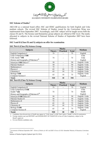 Scheme of Studies-English (Updated April 20, 2016) 1
SSC Scheme of Studies1
AKU-EB as a national board offers SSC and HSSC qualifications for both English and Urdu
medium schools. The revised SSC Scheme of Studies issued by the Curriculum Wing was
implemented from September 2007. Accordingly, each SSC subject will be taught across both the
classes IX and X. The Science and Humanities group subjects are offered at SSC level. The marks
allocated to subjects in the revised National Scheme of Studies of September 2007 have been
followed.
SSC I and II (Class IX and X) subjects on offer for examination
SSC Part-I (Class IX) Science Group
Subjects
Marks
Medium
Theory Practical Total
English Compulsory-I 75 - 75 English
Urdu Compulsory-I OR
Urdu Aasan
a
OR
History and Geography of Pakistan-I
b
75 - 75
Urdu
Urdu
English
Islamiyat-I OR Ethics-I
c
50 - 50 English / Urdu
Pakistan Studies-I 50 - 50 English / Urdu
Mathematics-I 75 - 75 English / Urdu
Physics-I 65 10 75 English / Urdu
Chemistry-I 65 10 75 English / Urdu
Biology-I OR
Computer Science-I
65 10 75
English / Urdu
English
Total: 520 30 550
SSC Part-II (Class X) Science Group
Subjects
Marks
Medium
Theory Practical Total
English Compulsory-II 75 - 75 English
Urdu Compulsory-II OR
Sindhi
a
OR
History and Geography of Pakistan-II b
75 - 75
Urdu
Sindhi
English
Islamiyat-II OR Ethics-II c
50 - 50 English / Urdu
Pakistan Studies-II 50 - 50 English / Urdu
Mathematics-II 75 - 75 English / Urdu
Physics-II 65 10 75 English / Urdu
Chemistry-II 65 10 75 English / Urdu
Biology-II OR
Computer Science-II
65 10 75
English / Urdu
English
Total: 520 30 550
a. Candidates from the province of Sindh may appear in “Urdu Aasan” in SSC Part I and in “Sindhi” in Part II examination.
b. Foreign students may opt HISTORY and GEOGRAPHY OF PAKISTAN in lieu of Urdu Compulsory, subject to the
Board’s approval.
c. For non-Muslim candidates only.
1
Government of Pakistan September 2007. Scheme of Studies for SSC and HSSC (Classes IX-XII). Islamabad: Ministry of Education, Curriculum
Wing.
 
