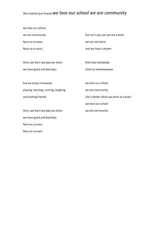(No importa que llueva)

we love our school we are community

we love our school
we are community

but can´t you see we are a team

Nara na ra nana

we are not alone

Nara na ra nana

and we have a dream

Here, we learn we play we share

And now everybody

we have good and bad days

listen to meeeeeeeeee

but we enjoy it anyways

we love our school

playing, learning, running, laughing

we are community

and making friends

Life is better when we work as a team
we love our school

Here, we learn we play we share
we have good and bad days
Nara na ra nana
Nara na ra nana

we are community

 