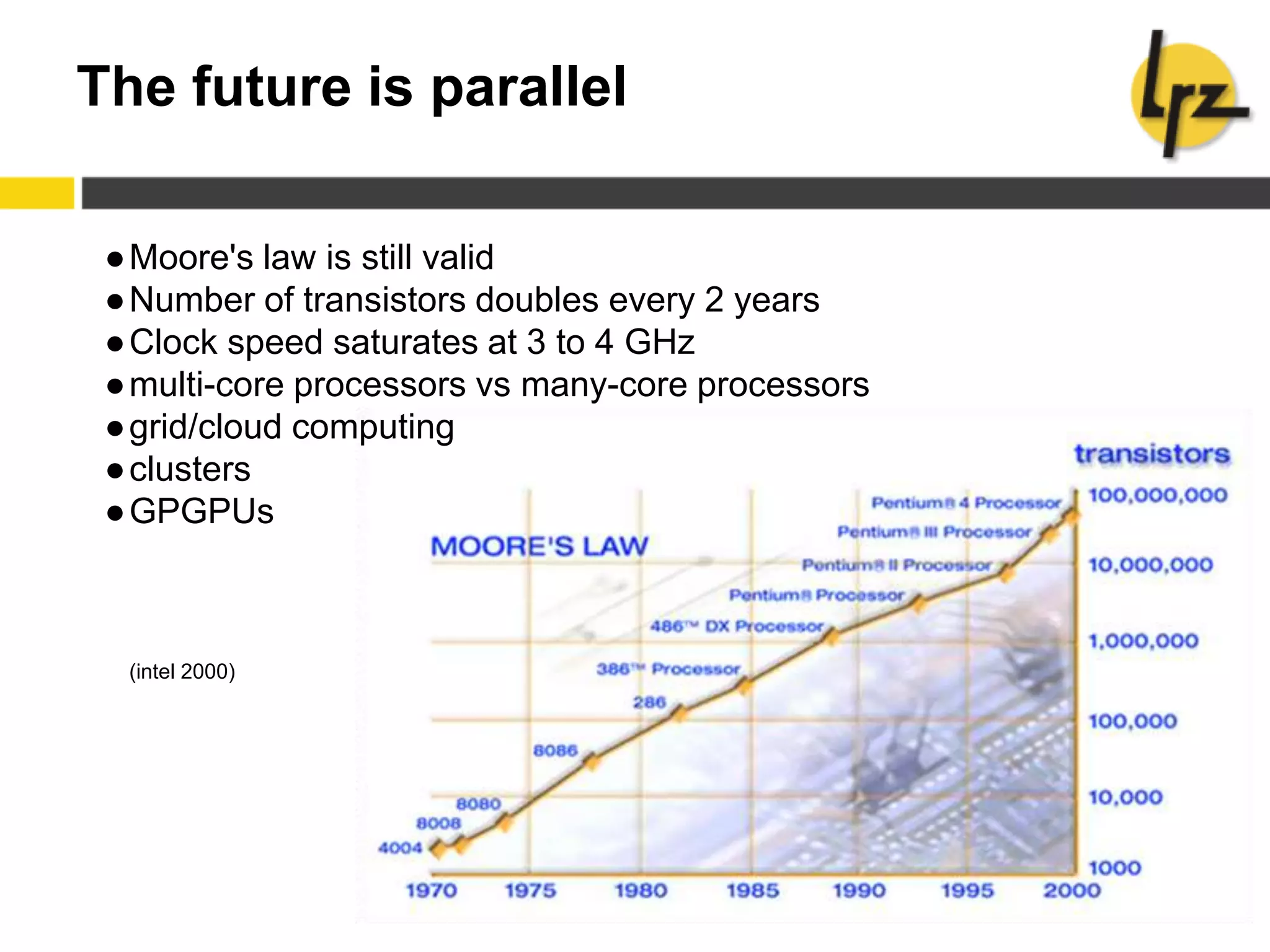 The future is parallel
●Moore's law is still valid
●Number of transistors doubles every 2 years
●Clock speed saturates at 3 to 4 GHz
●multi-core processors vs many-core processors
●grid/cloud computing
●clusters
●GPGPUs
(intel 2000)
 