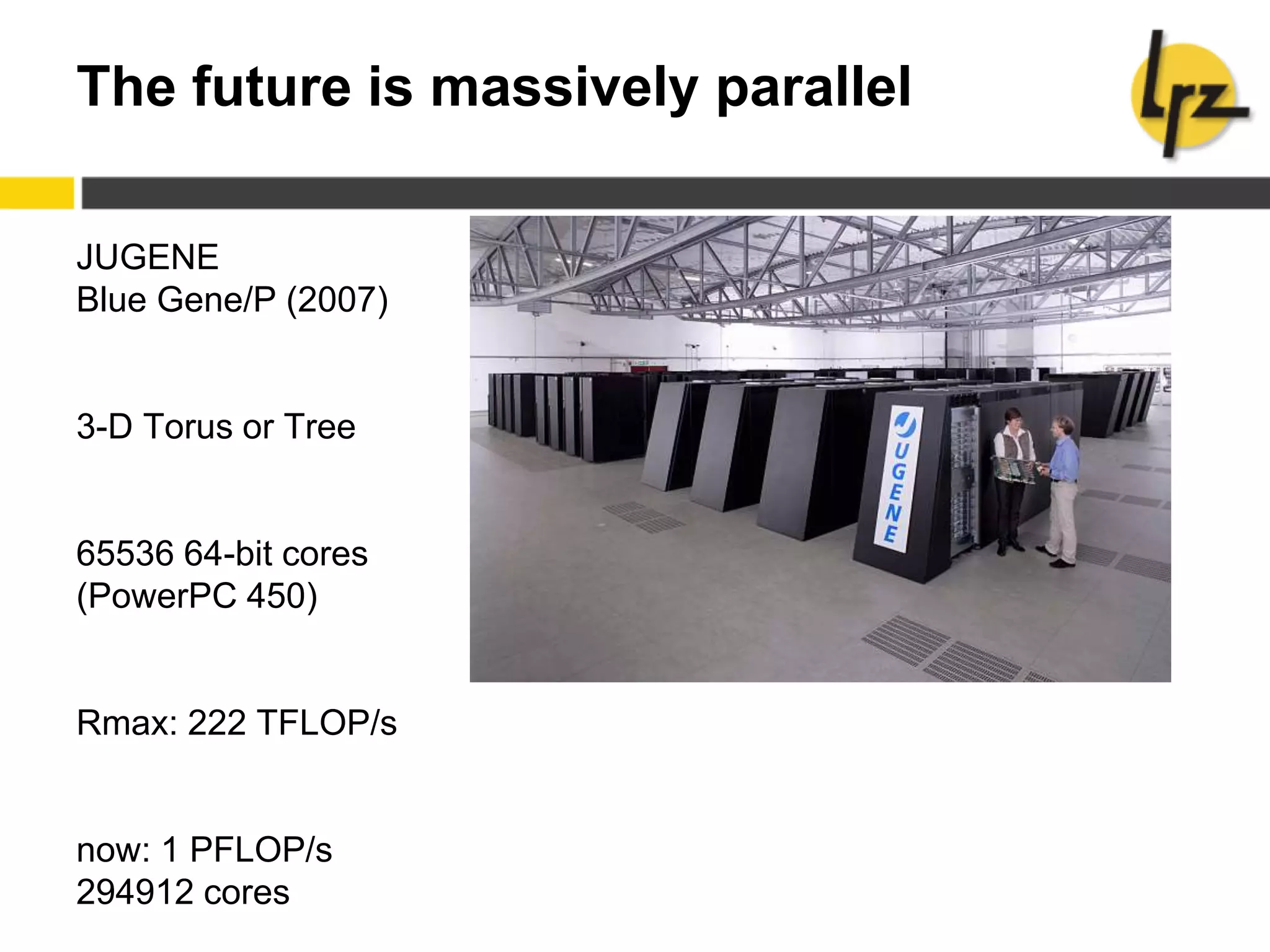 The future is massively parallel
JUGENE
Blue Gene/P (2007)
3-D Torus or Tree
65536 64-bit cores
(PowerPC 450)
Rmax: 222 TFLOP/s
now: 1 PFLOP/s
294912 cores
 