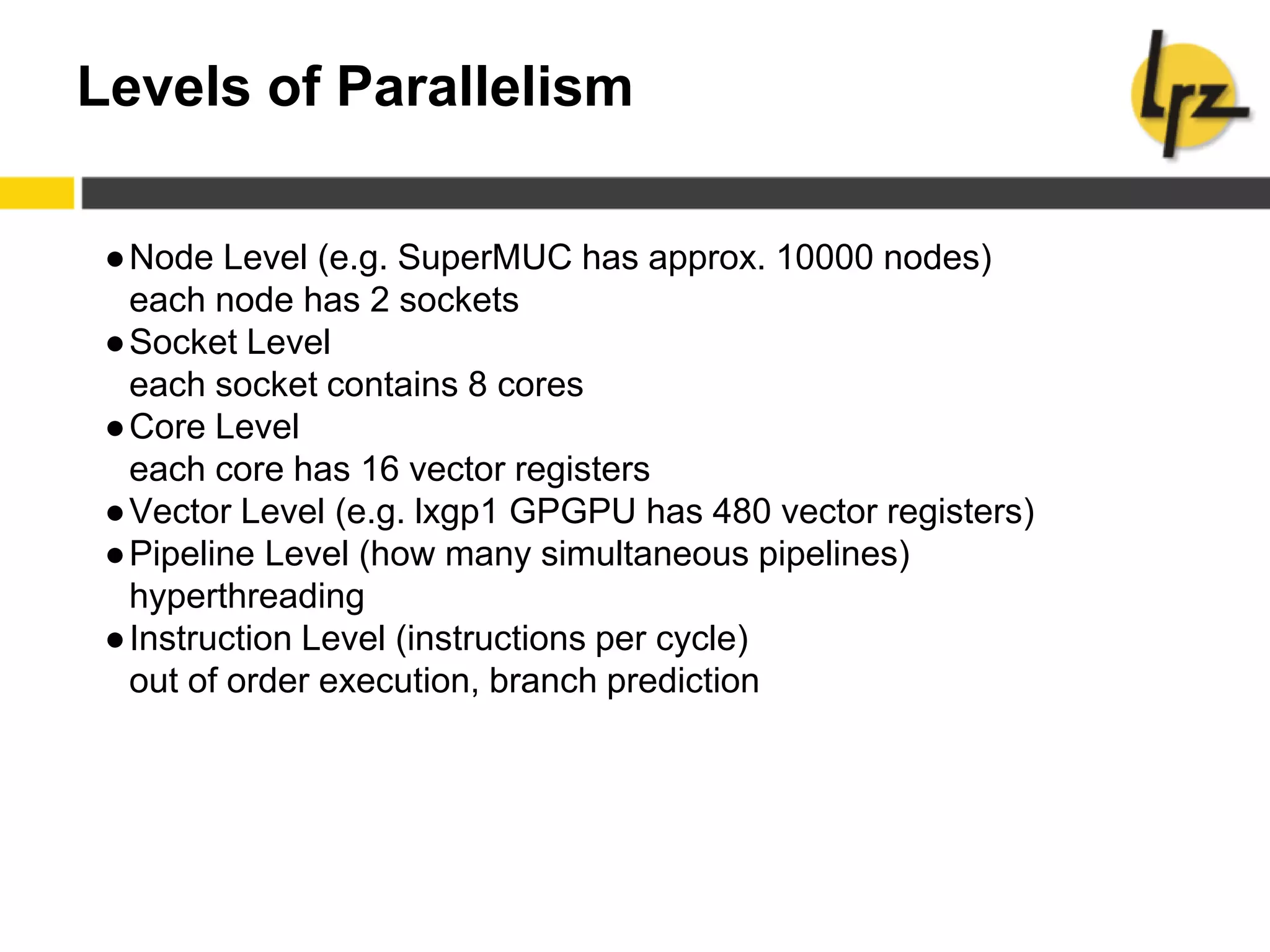 Levels of Parallelism
●Node Level (e.g. SuperMUC has approx. 10000 nodes)
each node has 2 sockets
●Socket Level
each socket contains 8 cores
●Core Level
each core has 16 vector registers
●Vector Level (e.g. lxgp1 GPGPU has 480 vector registers)
●Pipeline Level (how many simultaneous pipelines)
hyperthreading
●Instruction Level (instructions per cycle)
out of order execution, branch prediction
 