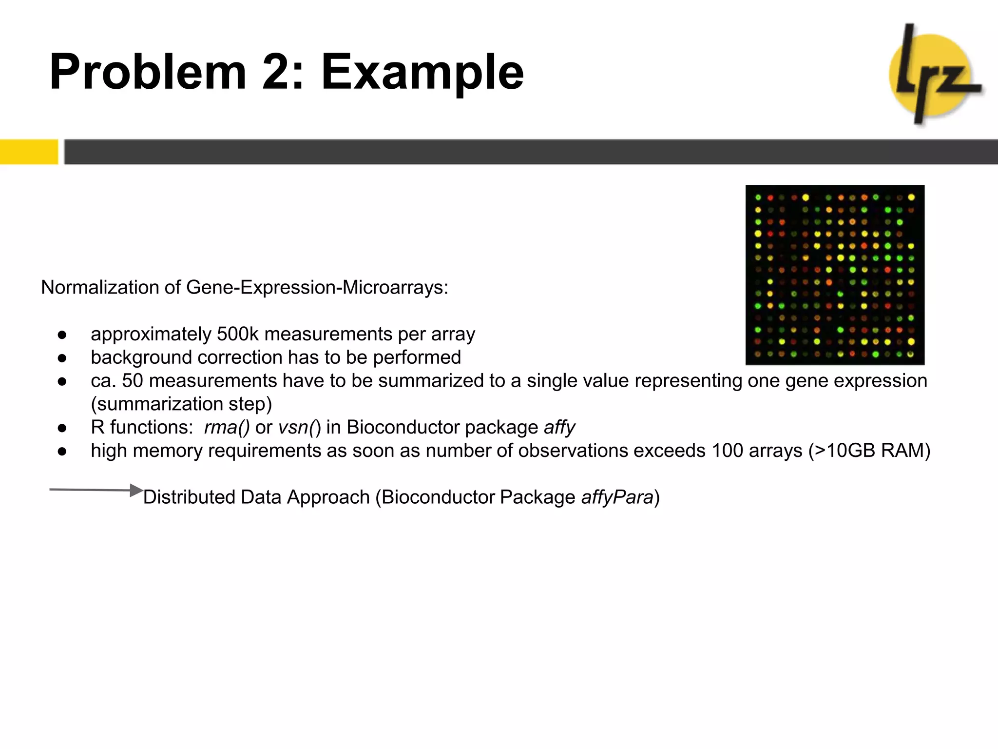 Problem 2: Example
Normalization of Gene-Expression-Microarrays:
● approximately 500k measurements per array
● background correction has to be performed
● ca. 50 measurements have to be summarized to a single value representing one gene expression
(summarization step)
● R functions: rma() or vsn() in Bioconductor package affy
● high memory requirements as soon as number of observations exceeds 100 arrays (>10GB RAM)
Distributed Data Approach (Bioconductor Package affyPara)
 