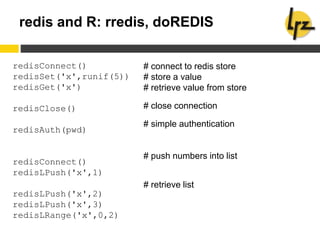redis and R: rredis, doREDIS
redisConnect()
redisSet('x',runif(5))
redisGet('x')
redisClose()
redisAuth(pwd)
redisConnect()
redisLPush('x',1)
redisLPush('x',2)
redisLPush('x',3)
redisLRange('x',0,2)
# connect to redis store
# store a value
# retrieve value from store
# close connection
# simple authentication
# push numbers into list
# retrieve list
 