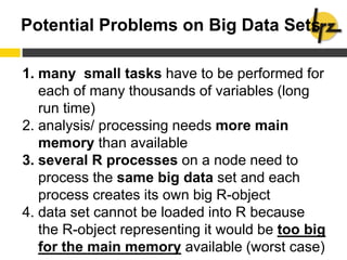 Potential Problems on Big Data Sets
1. many small tasks have to be performed for
each of many thousands of variables (long
run time)
2. analysis/ processing needs more main
memory than available
3. several R processes on a node need to
process the same big data set and each
process creates its own big R-object
4. data set cannot be loaded into R because
the R-object representing it would be too big
for the main memory available (worst case)
 