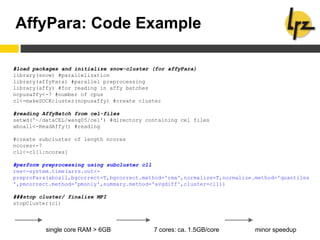 AffyPara: Code Example
#load packages and initialize snow-cluster (for affyPara)
library(snow) #parallelization
library(affyPara) #parallel preprocessing
library(affy) #for reading in affy batches
ncpusaffy<-7 #number of cpus
cl<-makeSOCKcluster(ncpusaffy) #create cluster
#reading AffyBatch from cel-files
setwd('~/dataCEL/wang05/cel') #directory containing cel files
aboall<-ReadAffy() #reading
#create subcluster of length ncores
ncores<-7
cll<-cl[1:ncores]
#perform preprocessing using subcluster cll
res<-system.time(arrs.out<-
preproPara(aboall,bgcorrect=T,bgcorrect.method='rma',normalize=T,normalize.method='quantiles
',pmcorrect.method='pmonly',summary.method='avgdiff',cluster=cll))
###stop cluster/ finalize MPI
stopCluster(cl)
single core RAM > 6GB 7 cores: ca. 1.5GB/core minor speedup
 