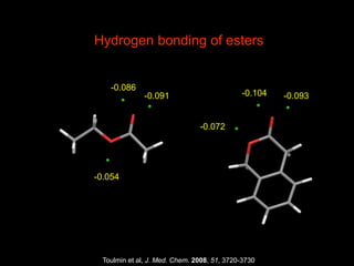 -0.054
-0.086
-0.091
-0.072
-0.104 -0.093
Hydrogen bonding of esters
Toulmin et al, J. Med. Chem. 2008, 51, 3720-3730
 