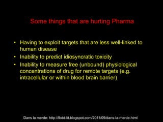 Some things that are hurting Pharma
• Having to exploit targets that are less well-linked to
human disease
• Inability to predict idiosyncratic toxicity
• Inability to measure free (unbound) physiological
concentrations of drug for remote targets (e.g.
intracellular or within blood brain barrier)
Dans la merde: http://fbdd-lit.blogspot.com/2011/09/dans-la-merde.html
 