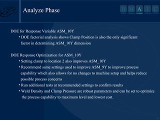 Analyze Phase

D M A I
Define

Measure Analyze

C

Improve Control

DOE for Response Variable ASM_10Y
• DOE factorial analysis shows Clamp Position is also the only significant
factor in determining ASM_10Y dimension
DOE Response Optimization for ASM_10Y
• Setting clamp to location 2 also improves ASM_10Y
• Recommend same settings used to improve ASM_9Y to improve process
capability which also allows for no changes to machine setup and helps reduce
possible process concerns
• Run additional tests at recommended settings to confirm results
• Weld Density and Clamp Pressure are robust parameters and can be set to optimize
the process capability to maximum level and lowest cost.

12

 