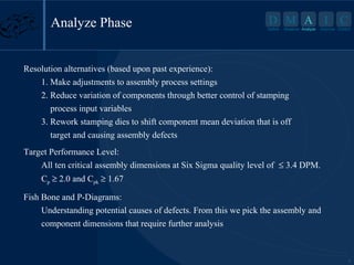 Analyze Phase

D M A I
Define

Measure Analyze

C

Improve Control

Resolution alternatives (based upon past experience):
1. Make adjustments to assembly process settings
2. Reduce variation of components through better control of stamping
process input variables
3. Rework stamping dies to shift component mean deviation that is off
target and causing assembly defects
Target Performance Level:
All ten critical assembly dimensions at Six Sigma quality level of ≤ 3.4 DPM.
Cp ≥ 2.0 and Cpk ≥ 1.67
Fish Bone and P-Diagrams:
Understanding potential causes of defects. From this we pick the assembly and
component dimensions that require further analysis

5

 